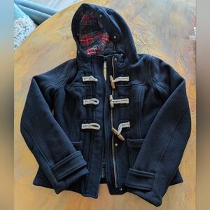 Y2K Abercrombie & Fitch Girls XS Duffle Coat Navy Toggle Jacket Plaid Hooded